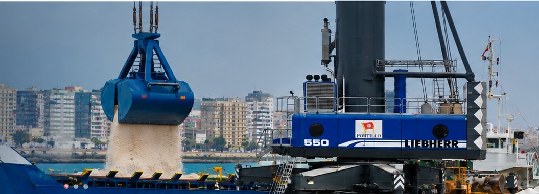 Grúa portuaria trabajando junto a un buque en el Puerto de Cádiz